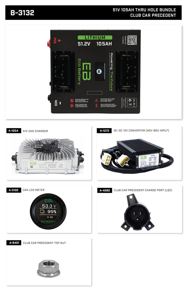 Club Car Precedent 2004-2008 Eco Lithium 51v 105Ah Battery Bundle - Thru Hole